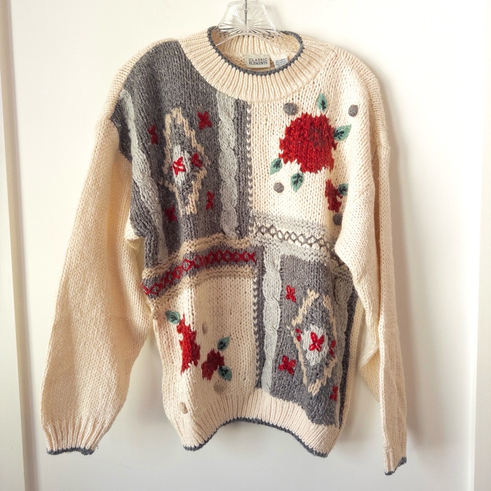 Vintage 80s‎ Sweater Womens M Patchwork Floral Cable Knit Ramie Korea 3D Chunky